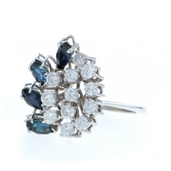 White Gold Diamond Sapphire Vintage Cluster Cocktail Ring 18k Rd 1.86ctw Floral - Picture 3 of 6